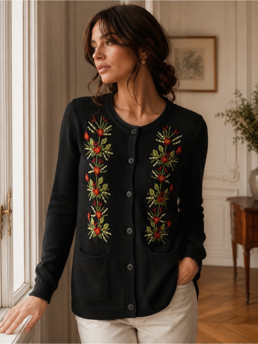 Embroidered Floral Cardigan Sweater Size M